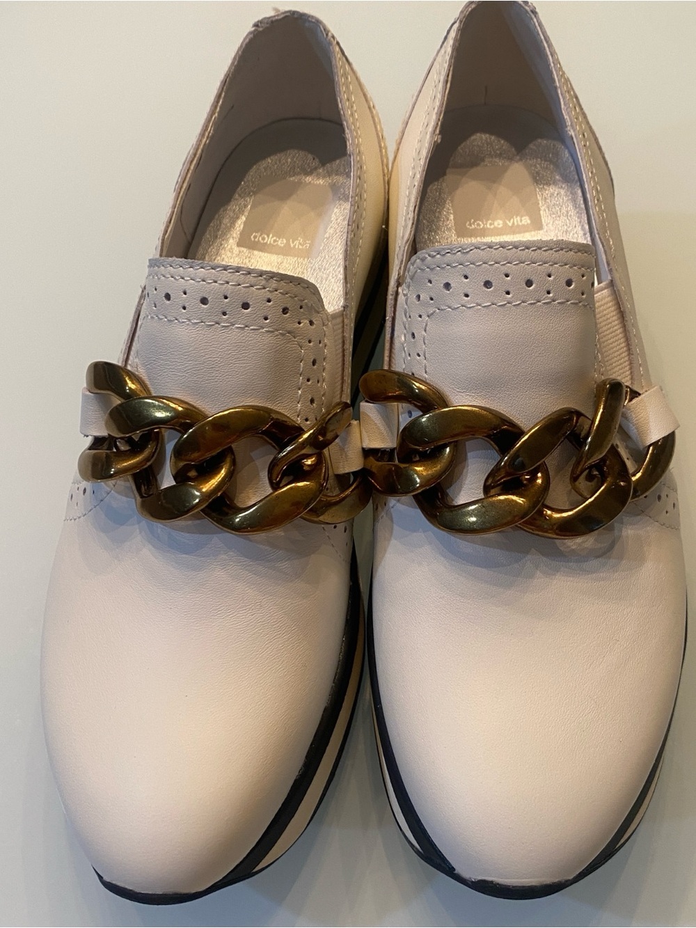 EUC Dolce Vita White Leather Gold Chain Platform Mules Loafers Women’s 7
